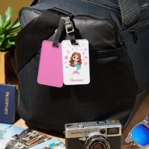 Cute Kids Dark Hair Mermaid Name Luggage Tag