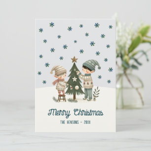 Cute Kids Decorating Chistmas Tree Drawing Holiday Card