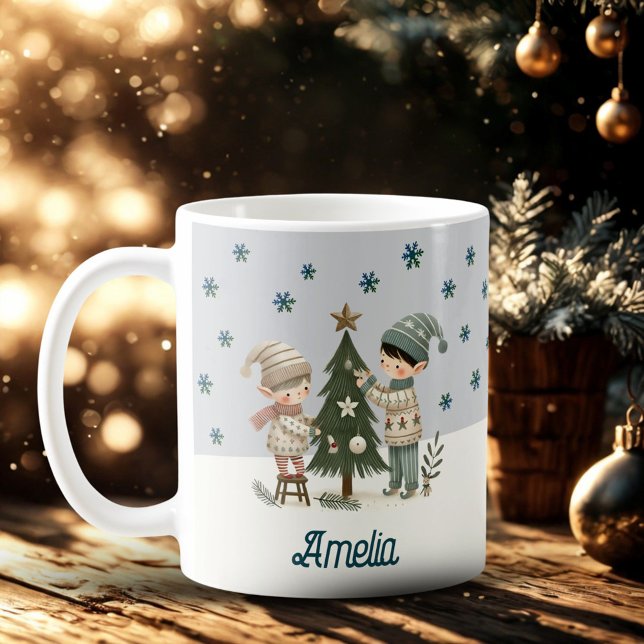 Cute Kids Decorating Chistmas Tree Drawing Name Coffee Mug (Creator Uploaded)