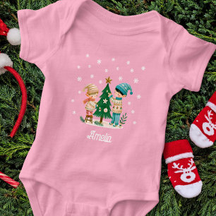 Cute Kids Decorating Christmas Tree Drawing Baby Bodysuit