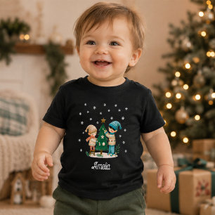 Cute Kids Decorating Christmas Tree Drawing Baby T-Shirt