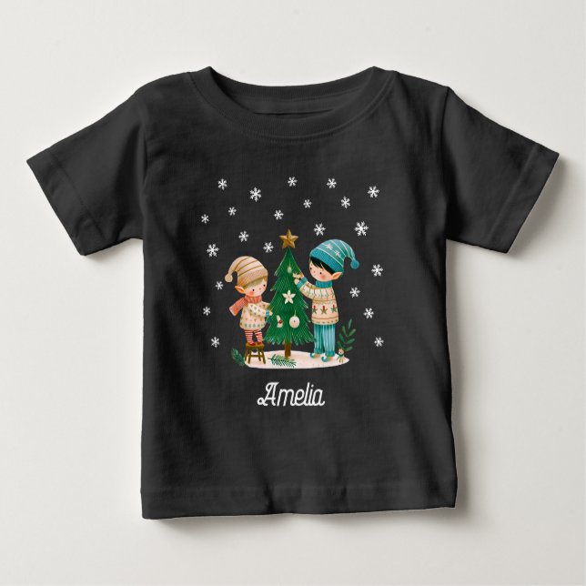 Cute Kids Decorating Christmas Tree Drawing  Baby T-Shirt (Front)