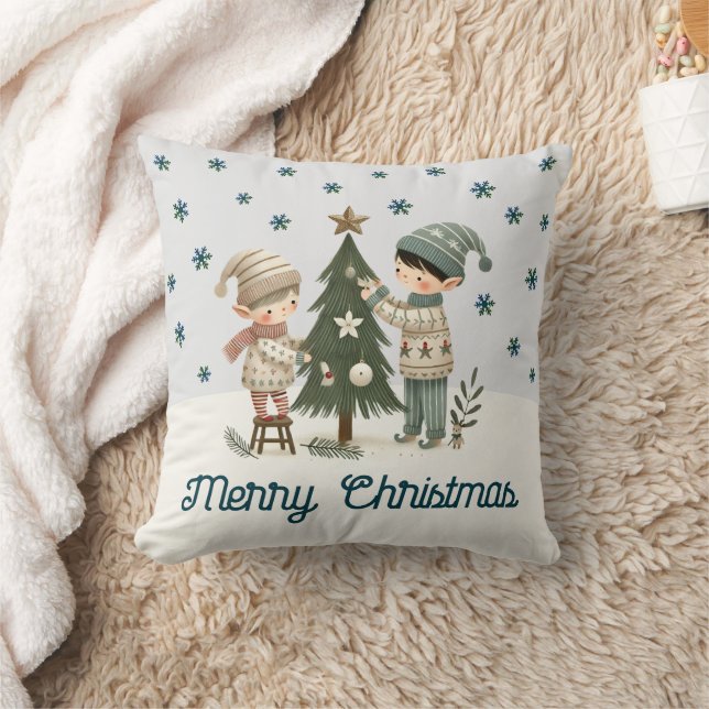 Cute Kids Decorating Christmas Tree Drawing  Cushion (Blanket)