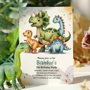 Cute Kids Dinosaur 7th Birthday Party Invitation