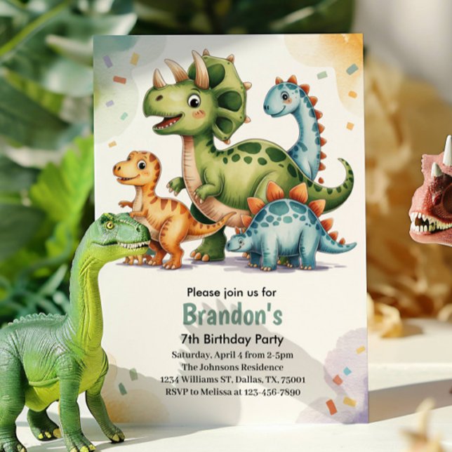 Cute Kids Dinosaur 7th Birthday Party  Invitation (Creator Uploaded)