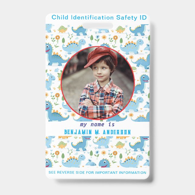 Cute Kid's Dinosaur Colourful Custom Photo Child I ID Badge (Front)
