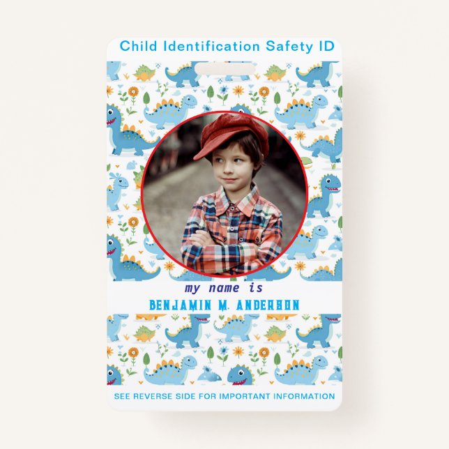 Cute Kid's Dinosaur Colourful Custom Photo Child I ID Badge (Front)