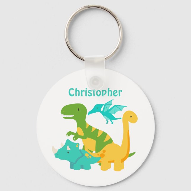 Cute Kids Dinosaur Personalised Key Ring (Front)