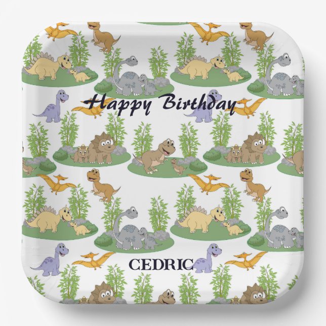 Cute Kids' Dinosaur Tree Pattern Name Birthday Paper Plate (Front)