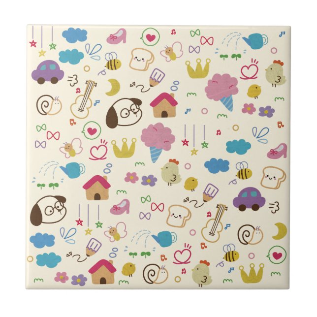 Cute Kids Doodle Pattern Ceramic Tile (Front)