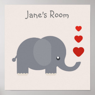 Cute kid's elephant with hearts customisable name poster