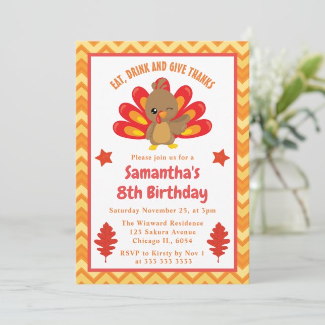Cute Kids Fall Thanksgiving Turkey Birthday Invitation (Standing Front)