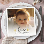 Cute Kid's First Birthday Party Custom Photo Napkin<br><div class="desc">Make your child's first birthday extra special with our cute custom photo cocktail napkins! Featuring the word 'ONE' and adorable hand-drawn gold hearts. Perfect for celebrating milestones! Fully Customisable to any birthday year,  date and name.</div>
