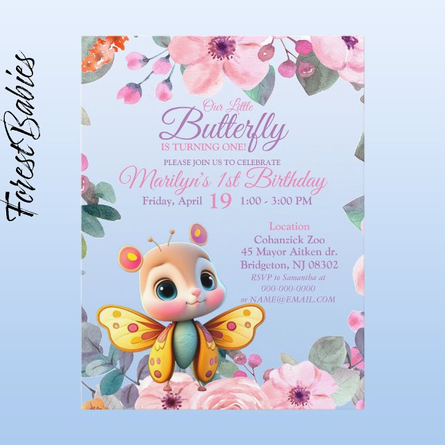 Cute Kids Floral Butterfly baby girl 1st Birthday Postcard (Butterfly Girl 🦋 Pink Floral 🌸 ForestBabies Customizable 1st Birthday Party Front)