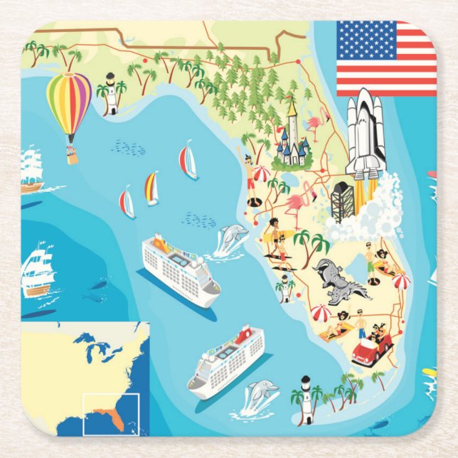 Cute Kids Florida Map Square Paper Coaster (Front)