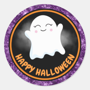 Cute Kids Ghost & Purple Glitter Happy Halloween Classic Round Sticker