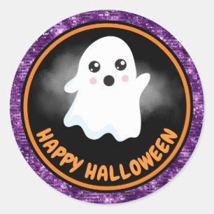 Cute Kids Ghost & Purple Glitter Happy Halloween Classic Round Sticker