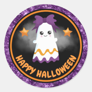 Cute Kids Girl Ghost & Purple Glitter Halloween Classic Round Sticker