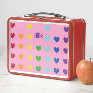 Cute Kids Girls Modern Rainbow Hearts Metal Lunch Box