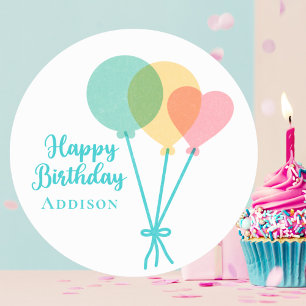 Cute Kids Girls Rainbow Balloons Happy Birthday Classic Round Sticker
