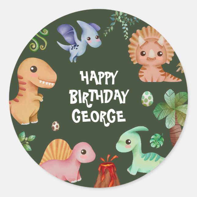 Cute Kids Green Dino Birthday Party Classic Round Sticker (Front)