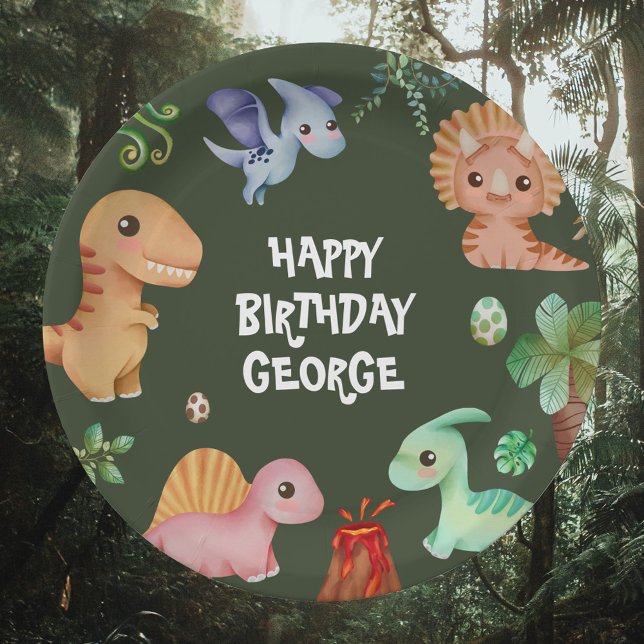 Cute Kids Green Dino Birthday Party Paper Plate (Creator Uploaded)