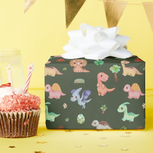 Cute Kids Green Dino Pattern Birthday Party Wrapping Paper (Birthday Party)