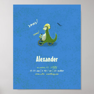 Cute Kids Green Dinosaur on Trike Boy Birth Stats Poster