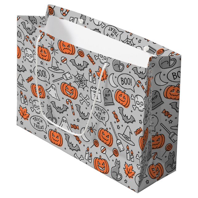 Cute Kids Halloween Doodle Pattern Large Gift Bag (Front Angled)