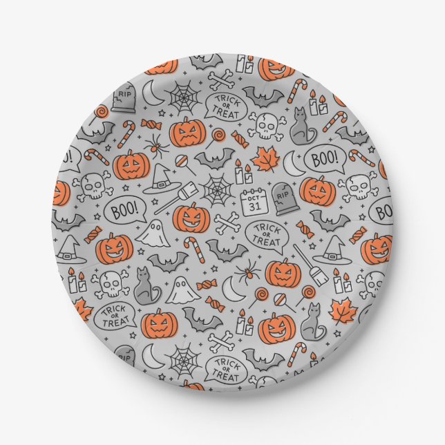 Cute Kids Halloween Doodle Pattern Paper Plate (Front)