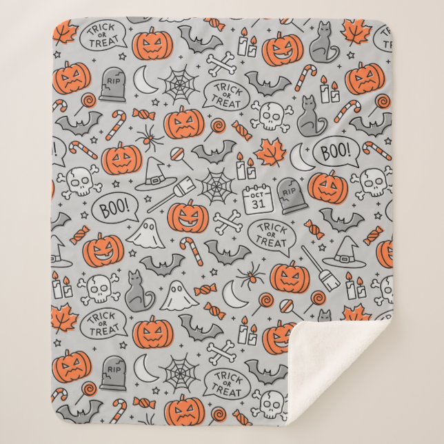 Cute Kids Halloween Doodle Pattern Sherpa Blanket (Front)
