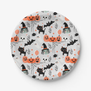 cute kids halloween paper plates grey