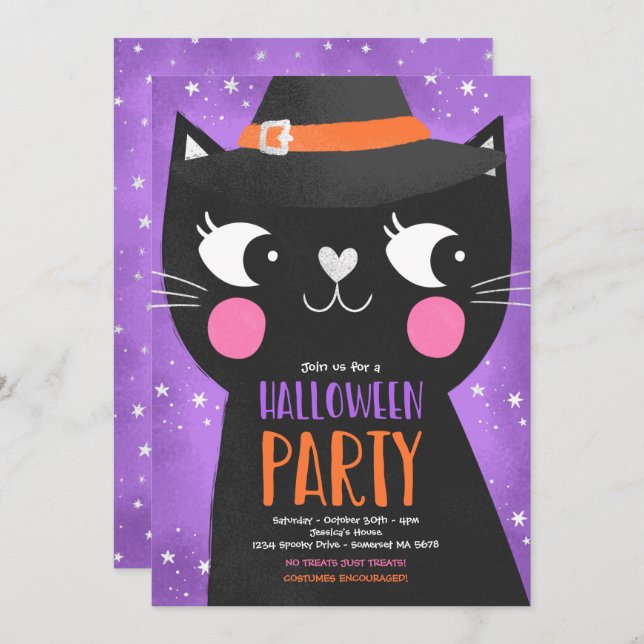 Cute Kids Halloween Party Witches Cat Spooky Invitation (Front/Back)