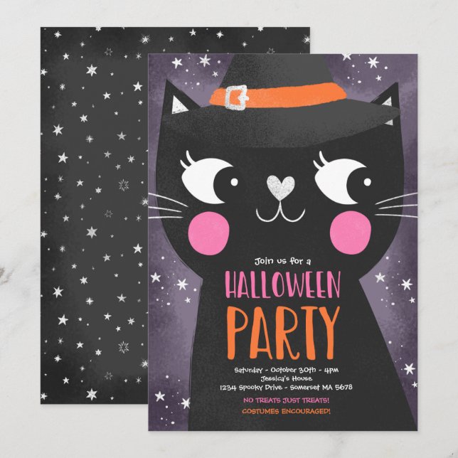 Cute Kids Halloween Party Witches Cat Spooky Invitation (Front/Back)