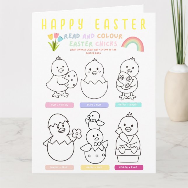 Cute Kids Happy Easter Coloring In Activity Folded Card (Front)