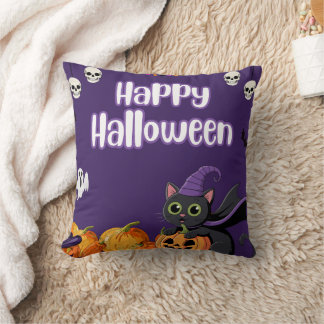 Cute Kids Happy Halloween Black Cat Cushion