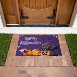 Cute Kids Happy Halloween Black Cat Doormat