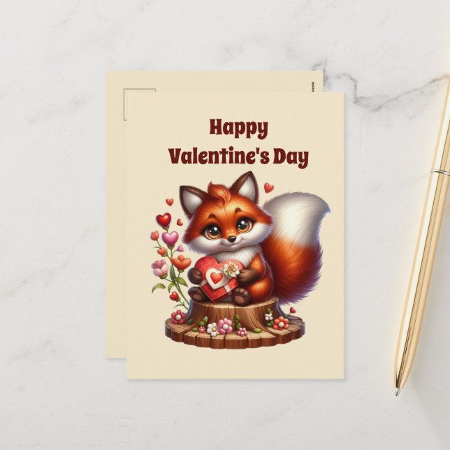 Cute kids Happy Valentine fox  Holiday Postcard (Front/Back In Situ)