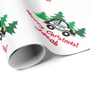 Cute kid's Holiday Christmas tree police car Wrapping Paper