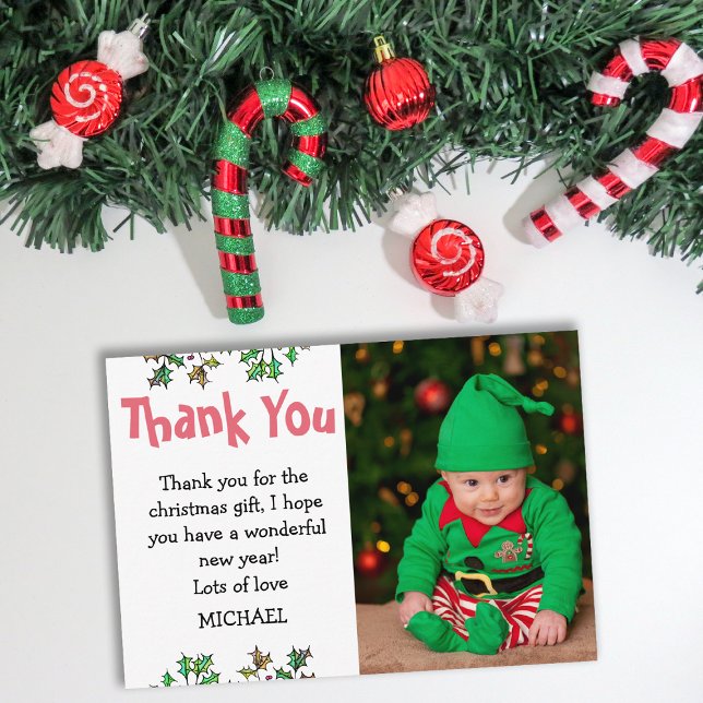 Cute Kids Holly Leaves Photo Christmas Thank You Card (Creator Uploaded)