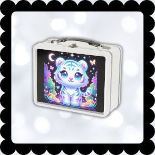 Cute Kids Holographic White Tiger Metal Lunch Box