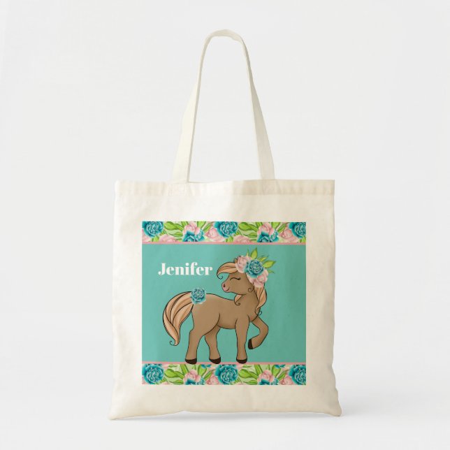 Cute kids horse lovers add name tote bag (Front)