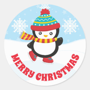 Cute Kids Ice Skating Penguin Merry Christmas Classic Round Sticker