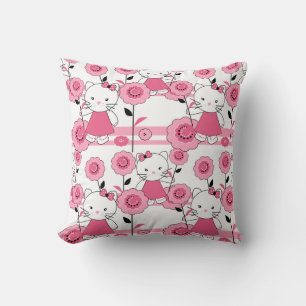 Cute kids kitten cat pink white print cushion