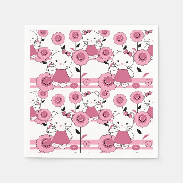 Cute kids kitten cat pink white print napkin (Front)