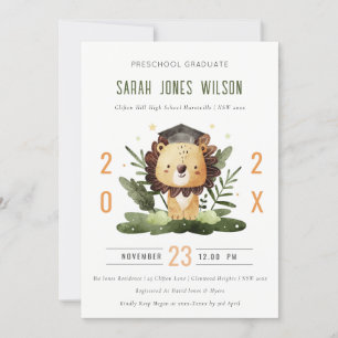 Cute Kids Lion Foliage Preschool Graduation Party Invitation