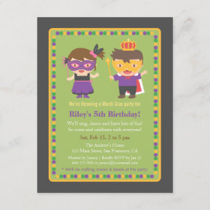 Cute Kids Mardi Gras Birthday Party Invitations