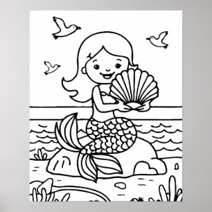 Cute Kids Mermaid Colouring Poster