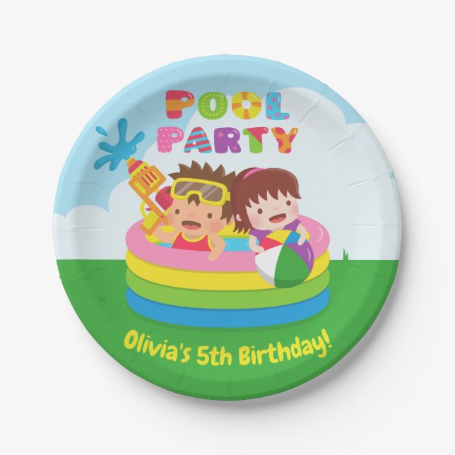 Cute Kids Mini Pool Birthday Party Paper Plates (Front)