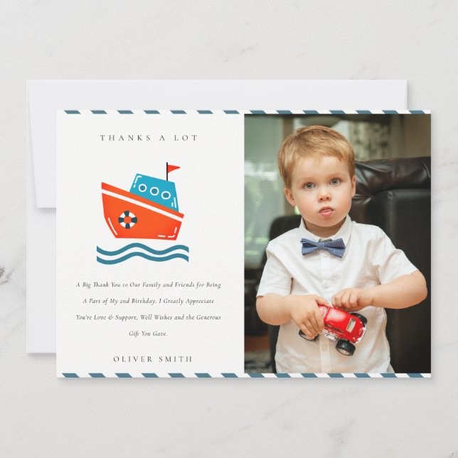 Cute Kids Nautical Boat Photo Any Age Birthday Thank You Card (Front)